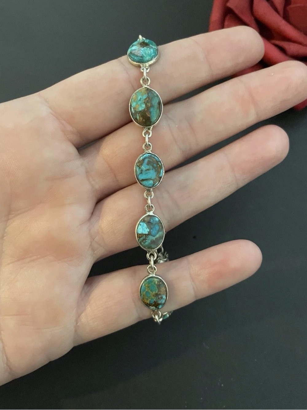 Sterling Silver Turquoise Link Bracelet - Blue-Green Oval Stones adjustable